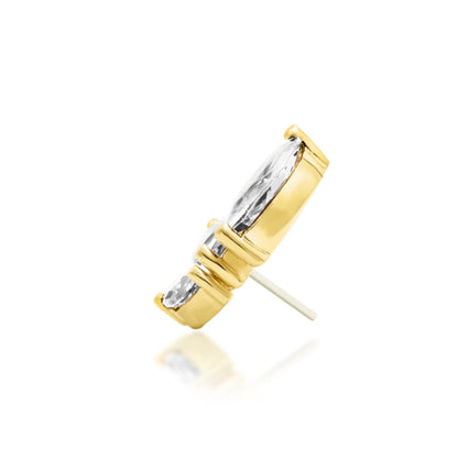 Directional yellow gold flat earring with three prong-set marquise CZ gems