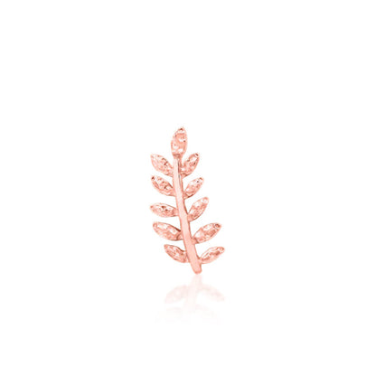 Ear crawler earring in solid 14k rose gold with textured leaves following a graceful upward curve.