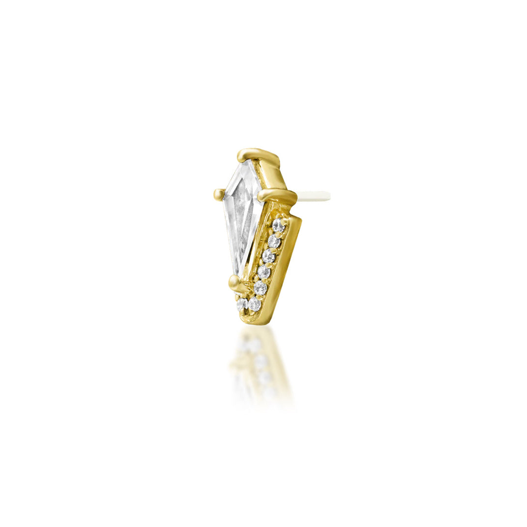 Elongated solid yellow gold flat earring with a structured arrangement of brilliant white cubic zirconia