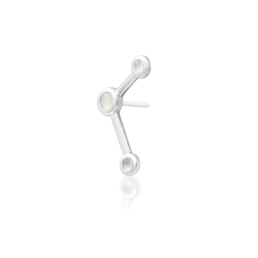 Angled white gold Asteria showing one 2mm and two 1.5mm moonstone cabochons