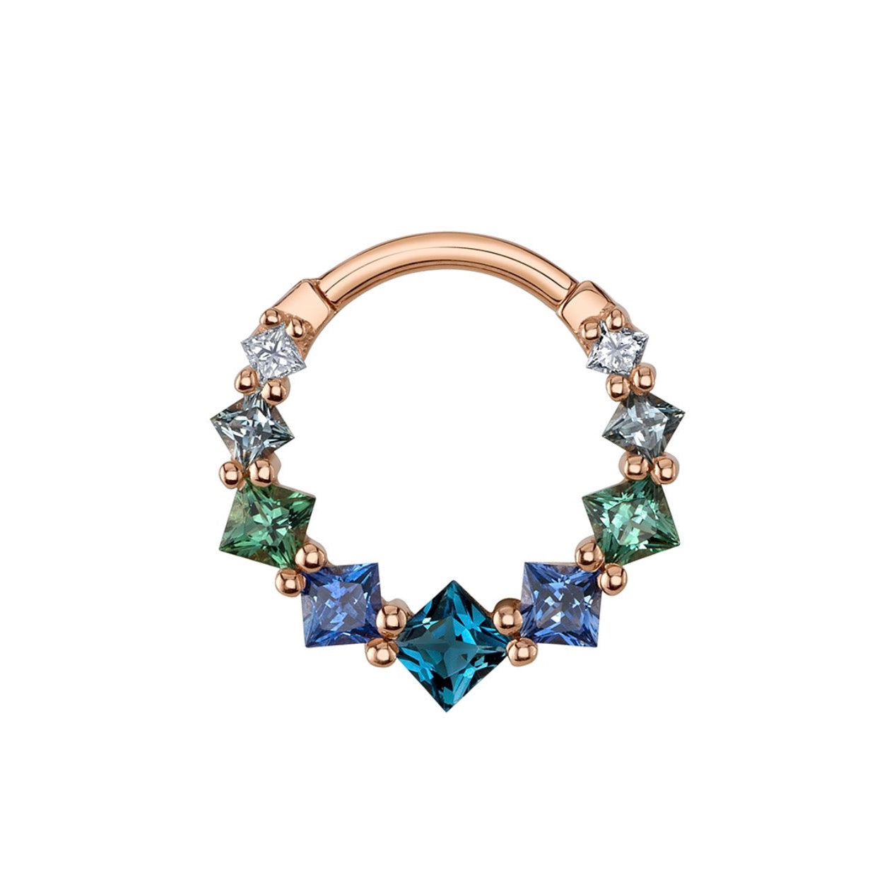 BVLA Graduating Tiffany yellow gold daith ring with Emerald, Tsavorite, Green Tourmaline, Seafoam Tourmaline and Grey Sapphire
