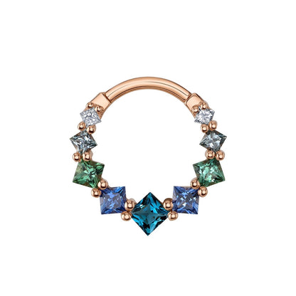 BVLA Graduating Tiffany yellow gold daith ring with Emerald, Tsavorite, Green Tourmaline, Seafoam Tourmaline and Grey Sapphire