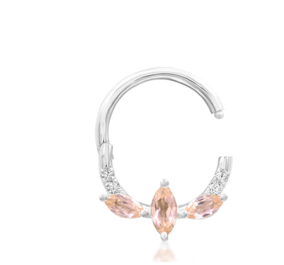 Feminine piercing jewellery in 14k white gold, featuring the soft blush sparkle and graceful form of Junipurr Parisa\.