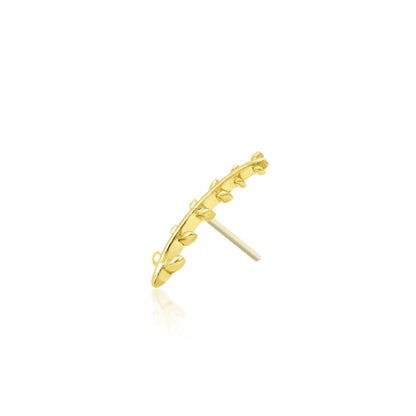 Fern ear climber-style jewellery in solid yellow gold with an elongated 11mm curved leaf silhouette.