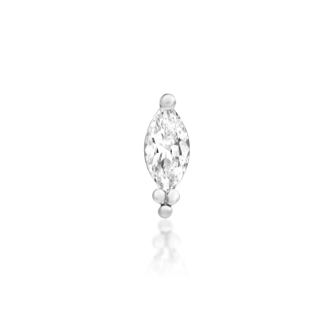 Flat-back earring top in solid 14k white gold, designed for a compatible threadless post and set with marquise CZ.