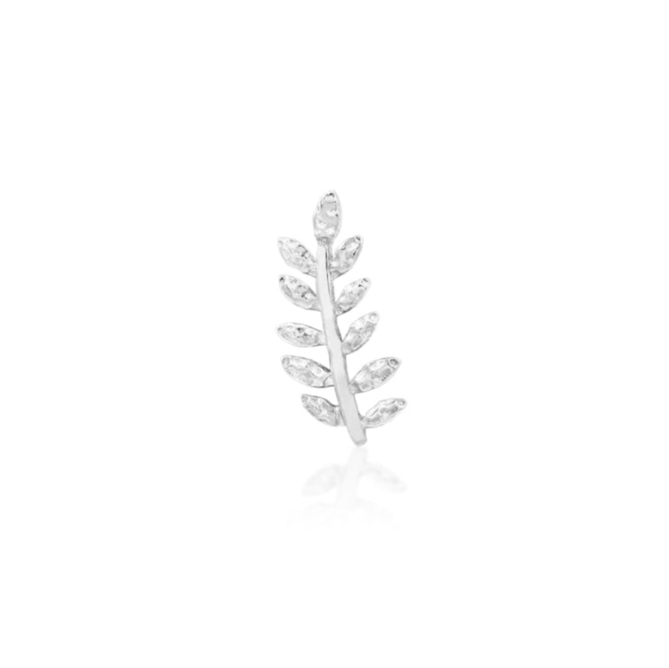 Flat-back leaf earring in 14k white gold, shown as a threadless decorative end for a compatible post.