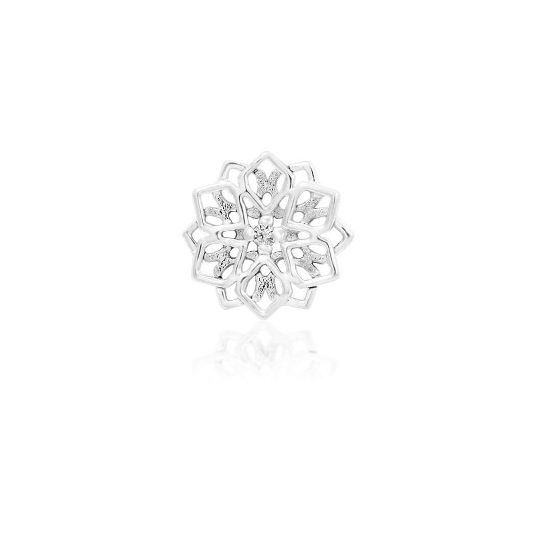 Flat piercing earring in 14k white gold, featuring a compact geometric design with a clear CZ centre.