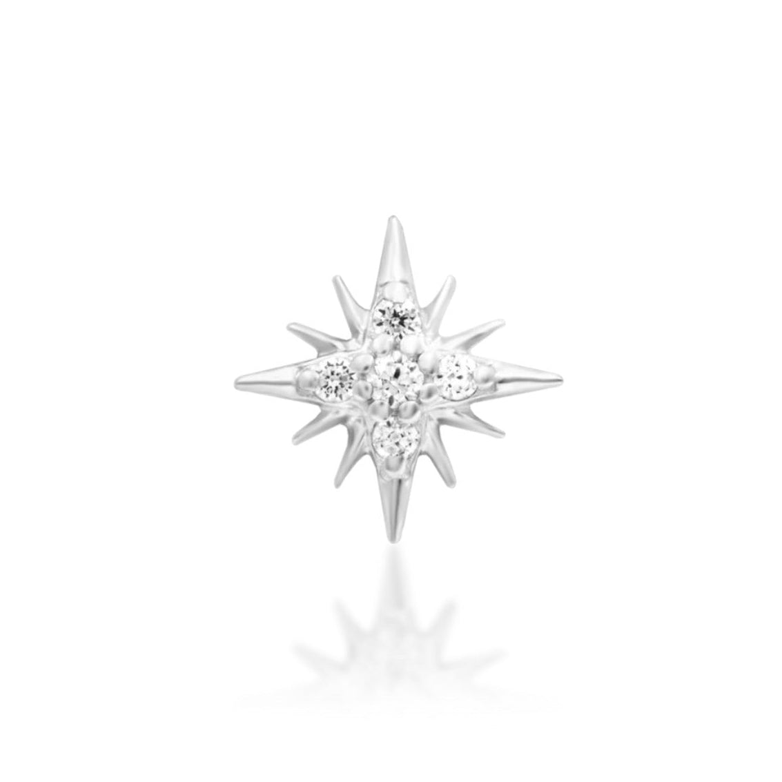 Flat piercing earring in 14k white gold with a symmetrical starburst and clear CZ centre.