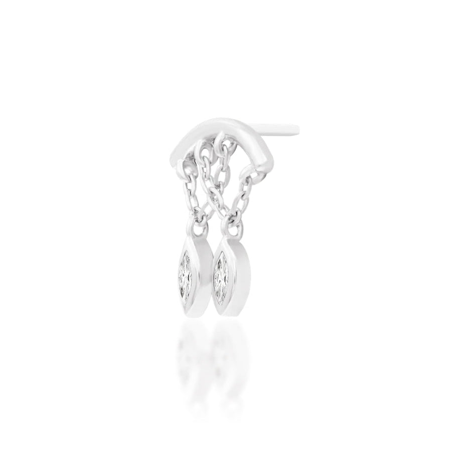 Flat piercing jewellery in solid white gold, measuring 9.5mm × 10.2mm with twin clear CZ drops.