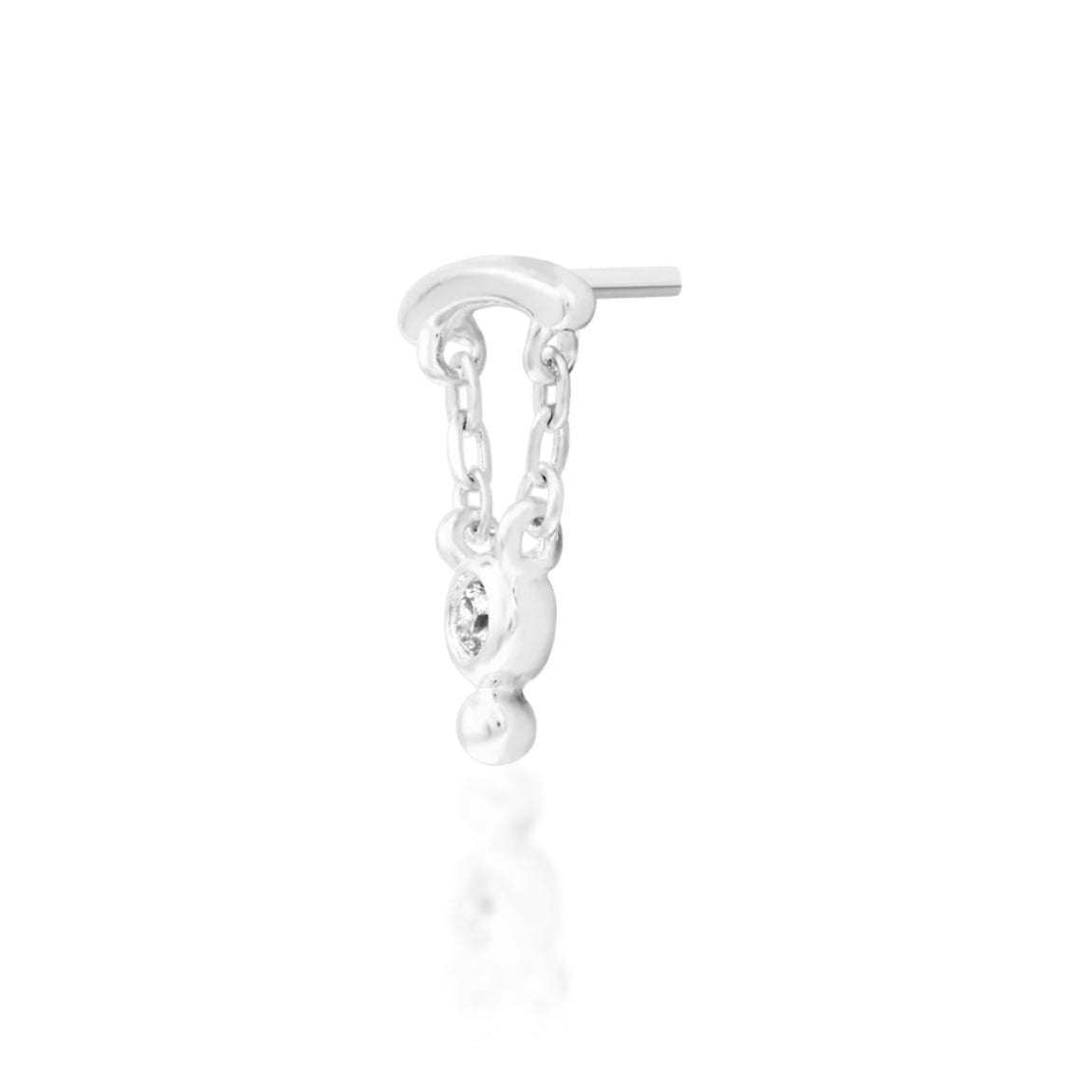 Flat piercing jewellery in 14k white gold with a 9.6mm decorative end and dangling gemstone.