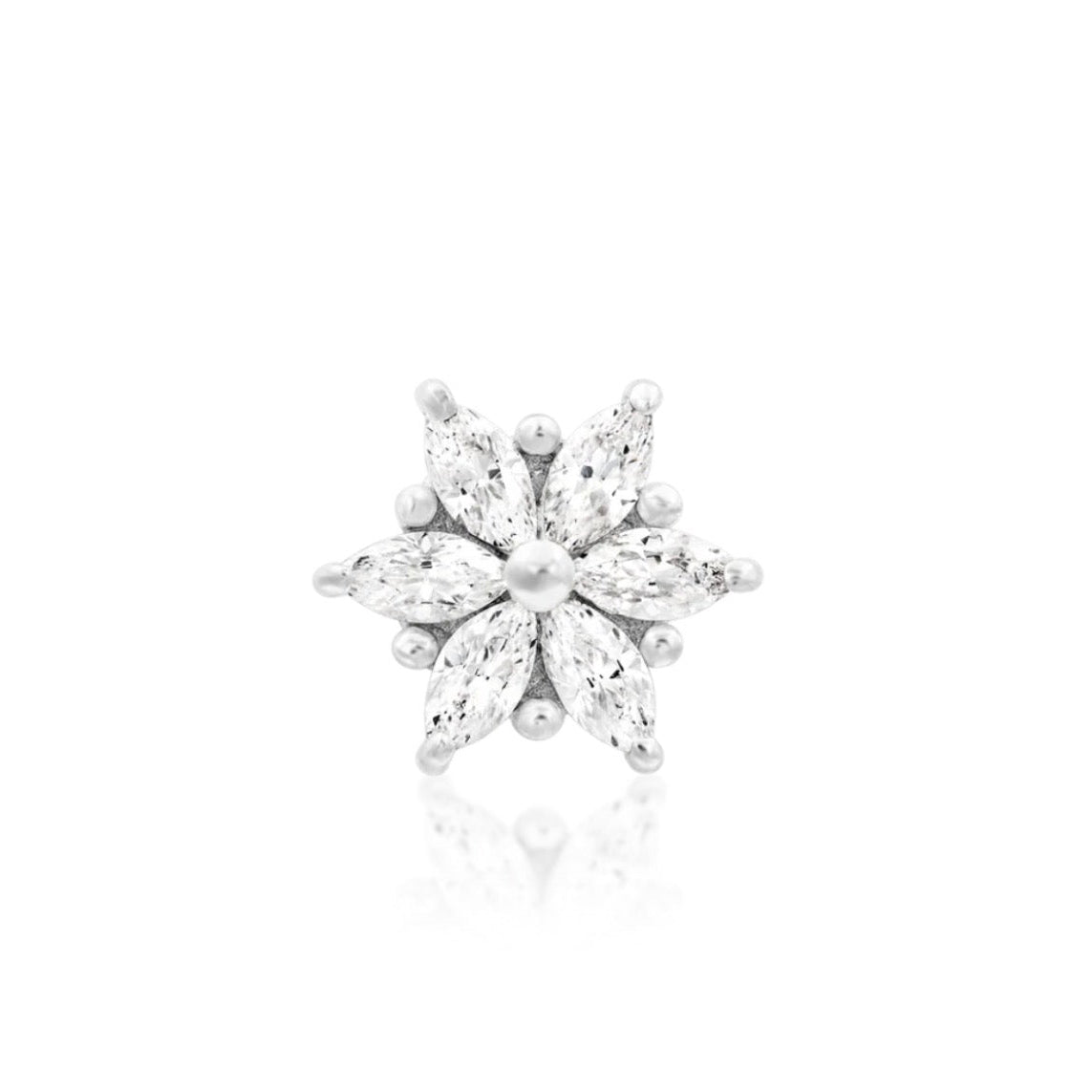 Flower flat-back earring top in 14k white gold with six clear marquise CZ stones and gold beading
