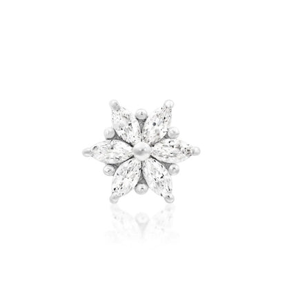 Flower flat-back earring top in 14k white gold with six clear marquise CZ stones and gold beading