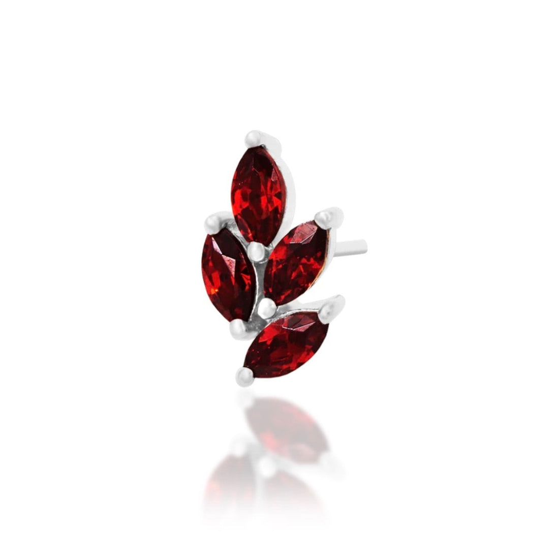 Flower flat-back earring top in solid white gold with dark garnet-coloured cubic zirconia.