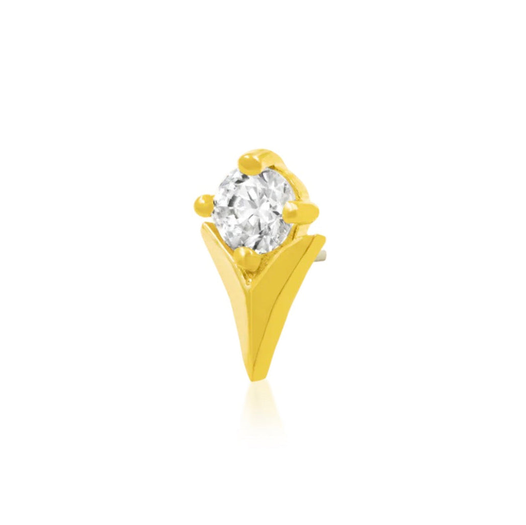 Flower helix earring in solid yellow gold, featuring Junipurr’s elongated tulip and clear CZ design