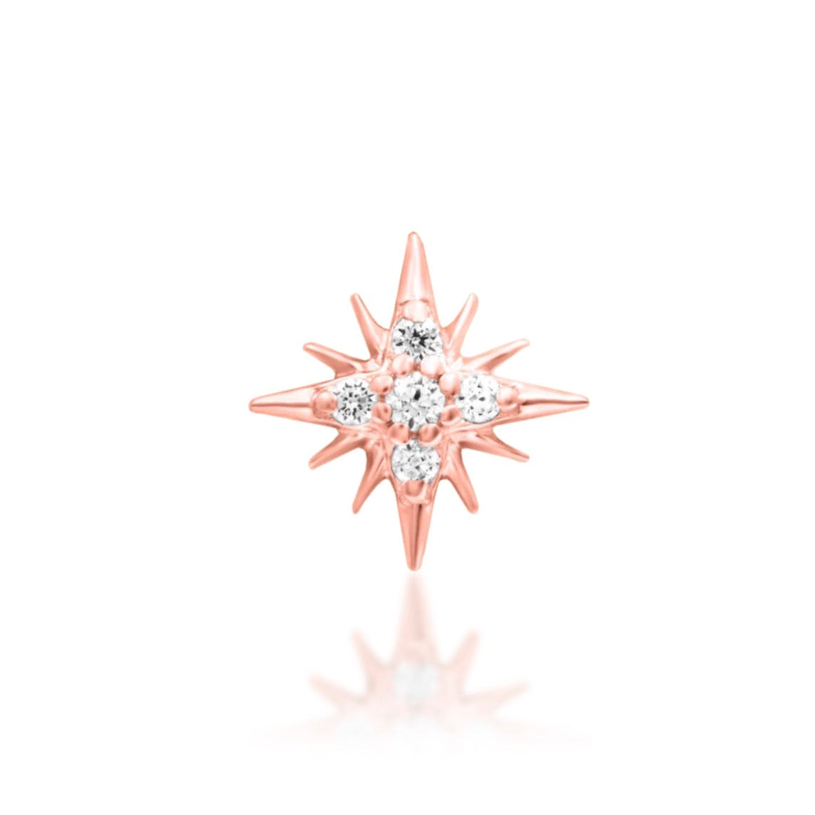 Forward helix earring in 14k rose gold with Junipurr Supernova’s compact CZ starburst design.