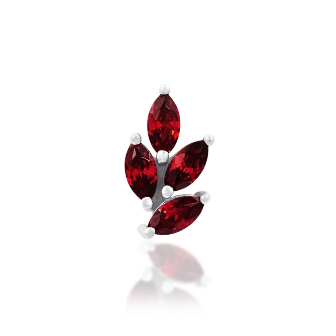Garnet helix earring in 14k white gold featuring Junipurr Lulu’s four-stone red floral cluster.