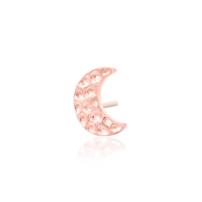 Gemstone-free gold jewellery in rose gold, with hammered texture defining the crescent moon motif.