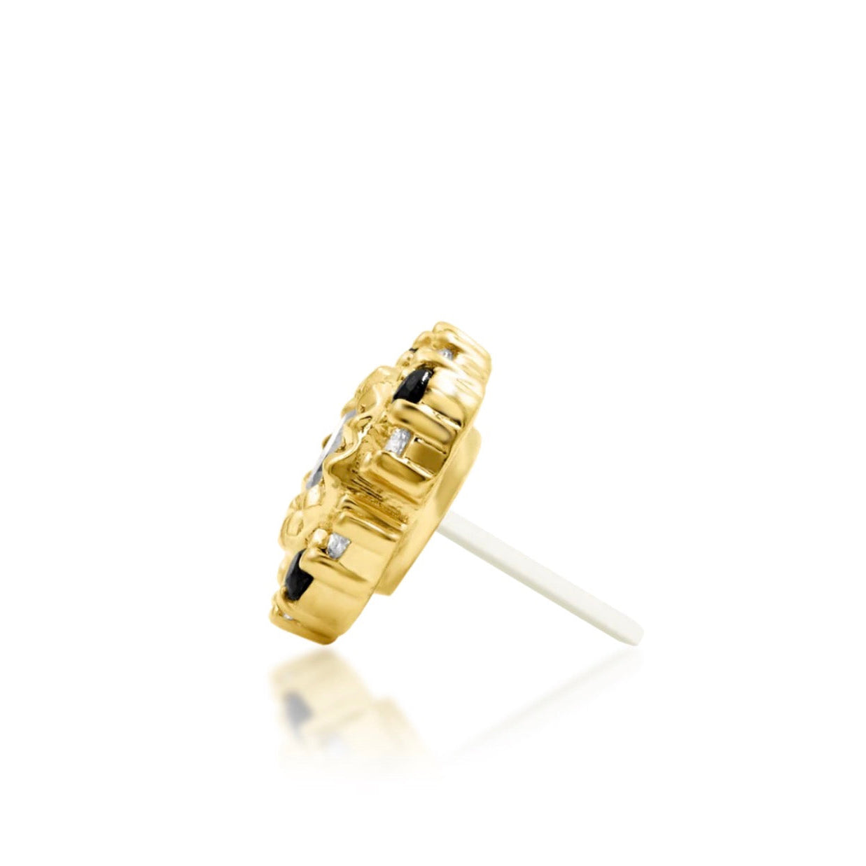 Solid yellow gold cartilage stud featuring a circular black and white CZ halo