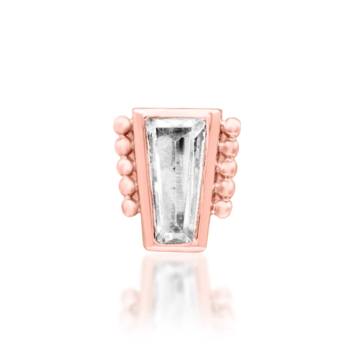 Geometric cartilage earring in solid rose gold, pairing a straight baguette CZ with rounded bead detailing.