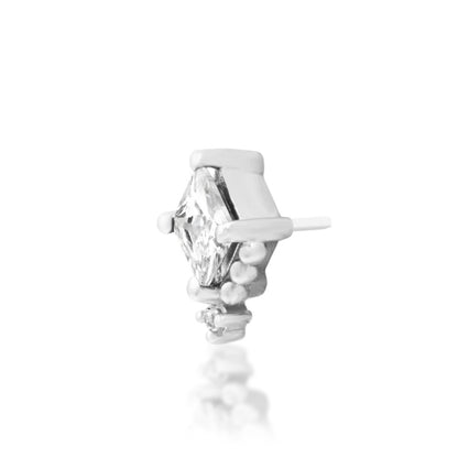 Geometric white gold cartilage earring featuring a square cubic zirconia within decorative gold beading