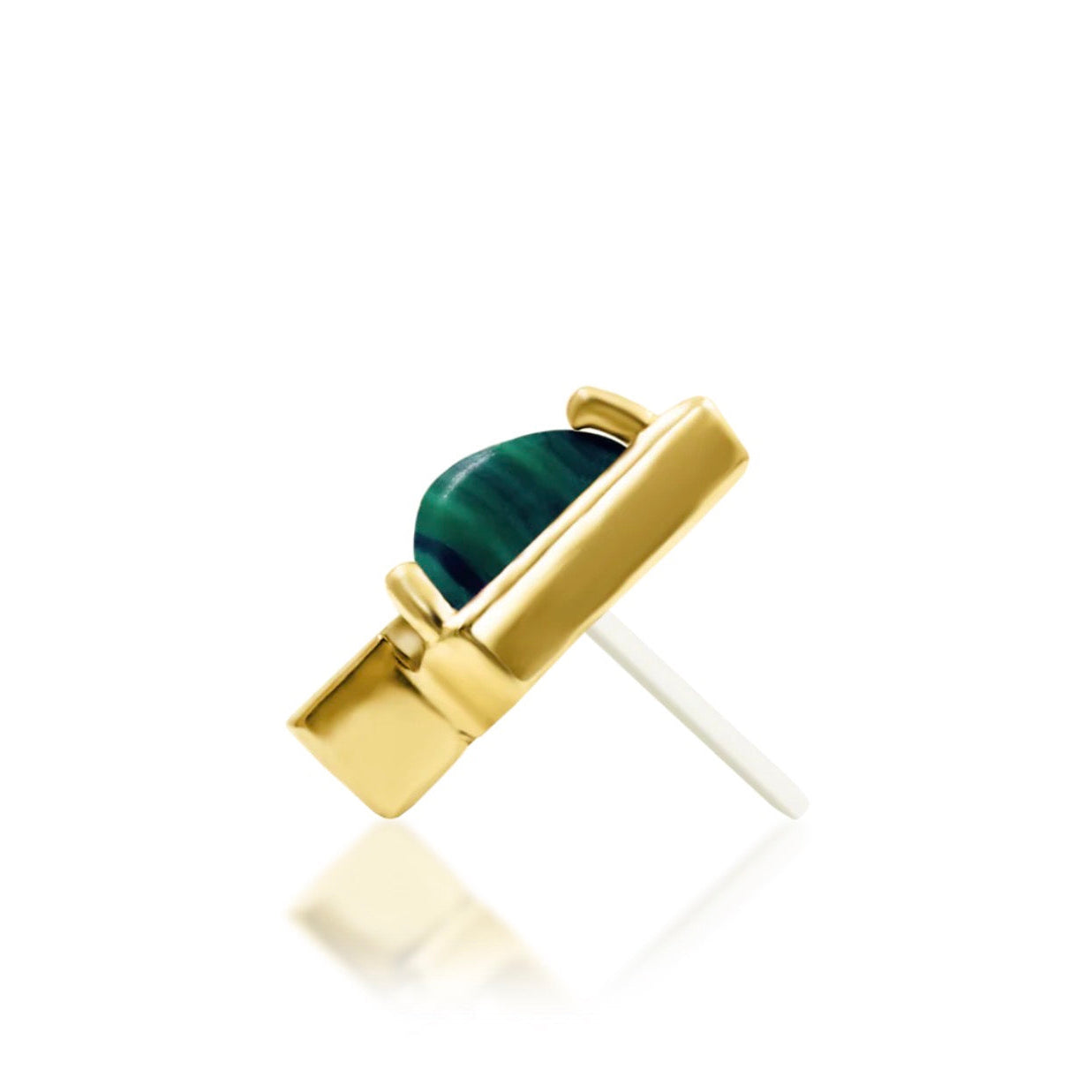 Geometric flat piercing jewellery in 14k yellow gold with triangular malachite and a white baguette-cut CZ.