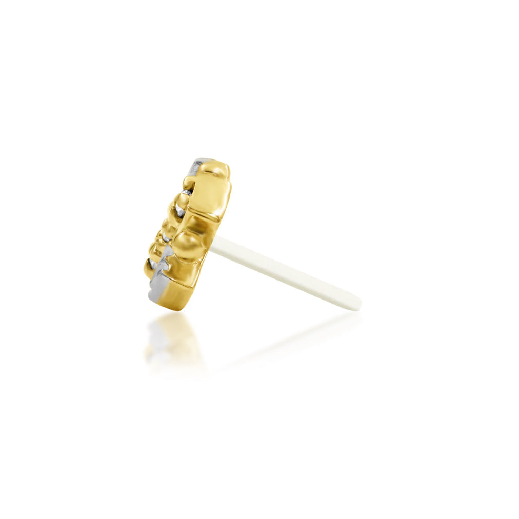     Geometric lobe stud combining yellow and white gold with petite white gemstone accents