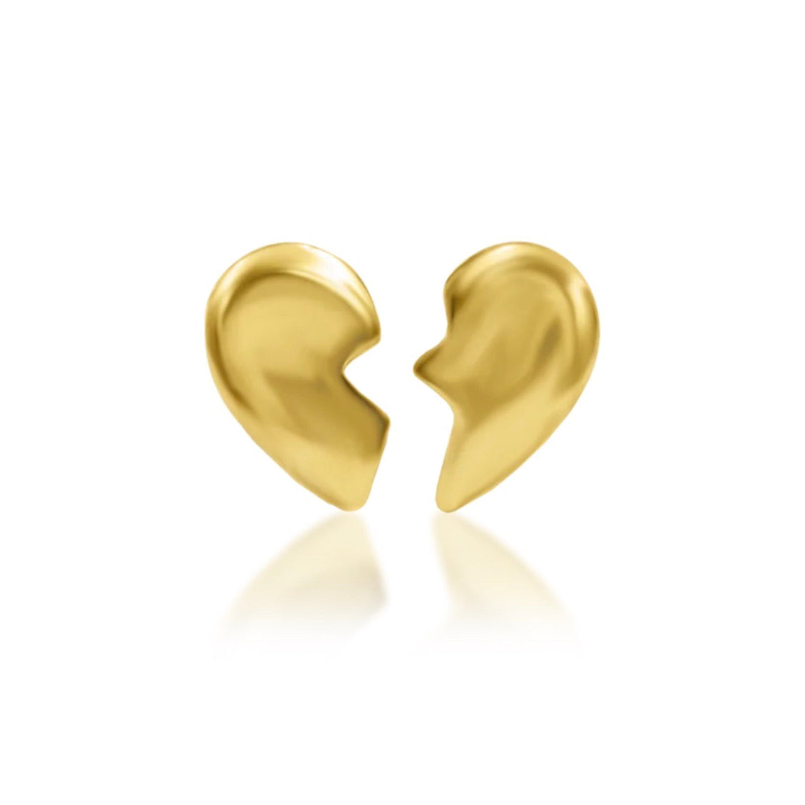 Matching broken-heart earrings in solid 14k yellow gold designed to form one complete heart when worn together.