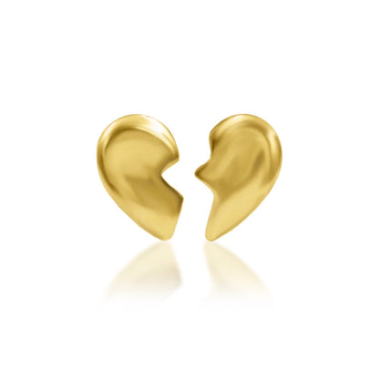 Matching broken-heart earrings in solid 14k yellow gold designed to form one complete heart when worn together.