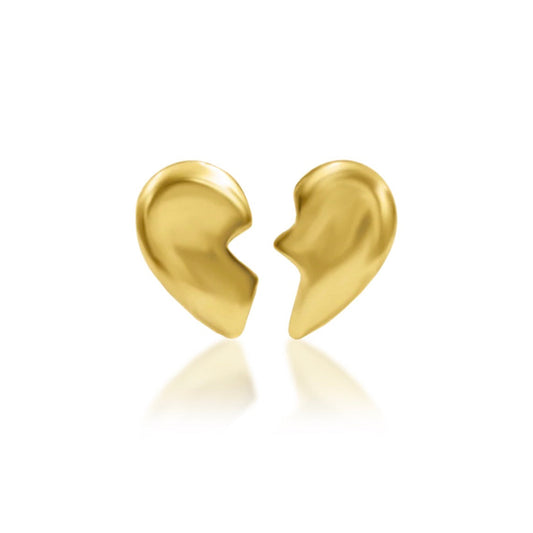 Matching broken-heart earrings in solid 14k yellow gold designed to form one complete heart when worn together.