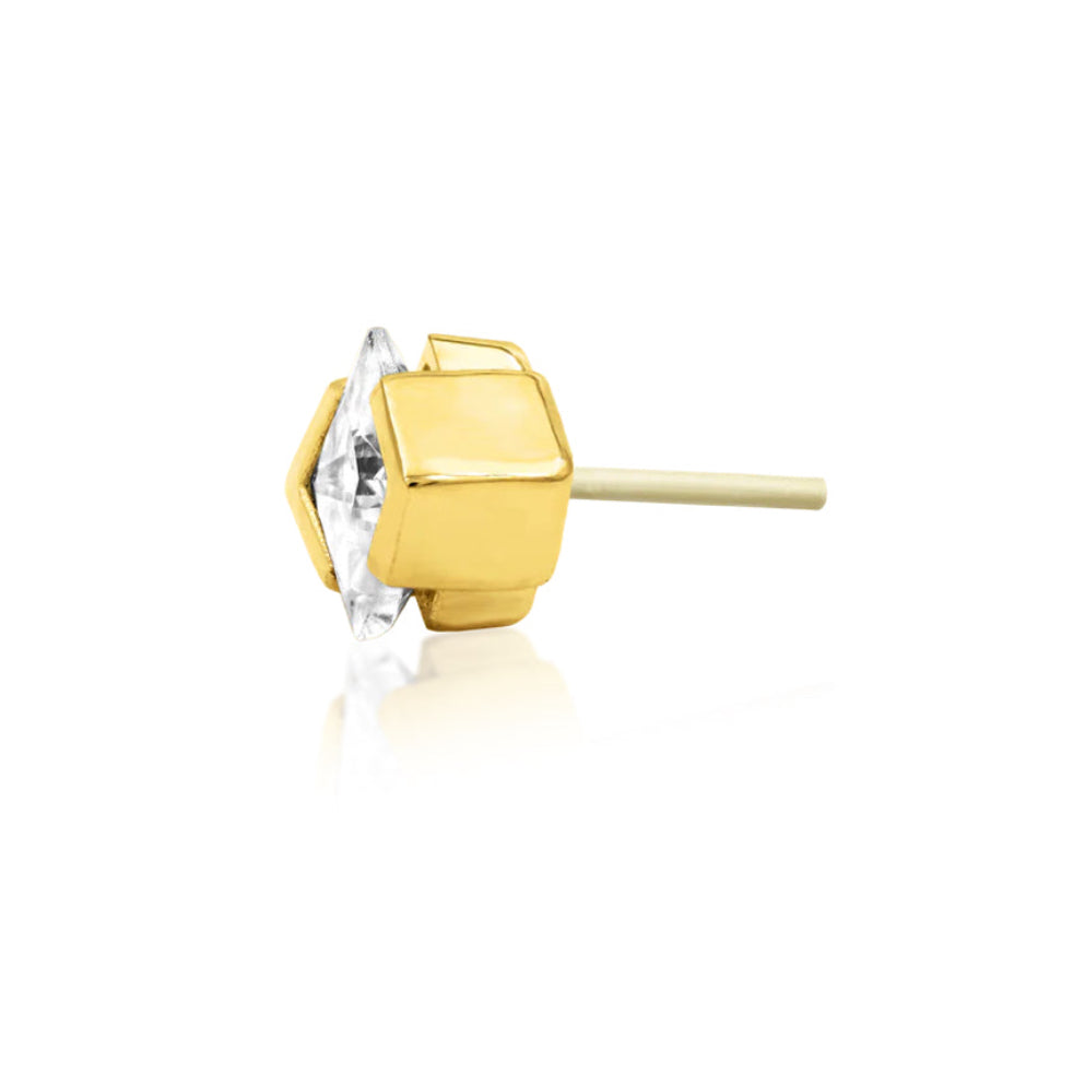 Yellow gold cartilage jewellery featuring a princess-cut CZ and minimal chevron frame