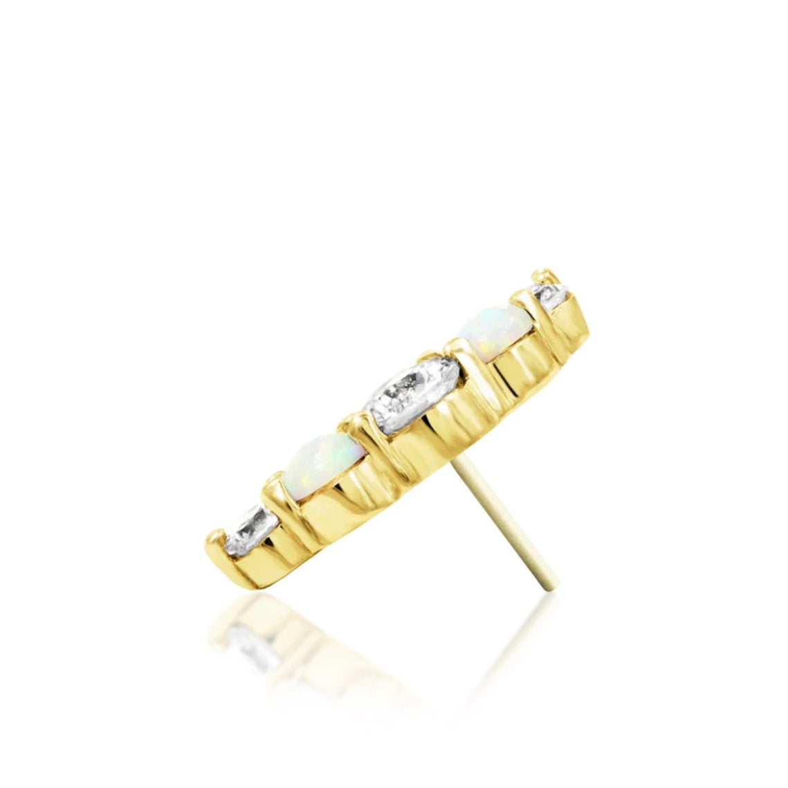 Solid yellow gold cartilage jewellery with an elongated white opal and cubic zirconia cluster