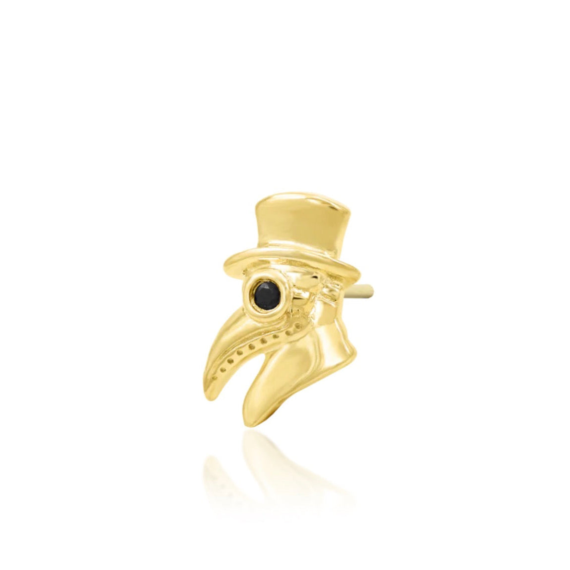 Yellow gold cartilage jewellery shaped like a plague doctor mask with a black gemstone