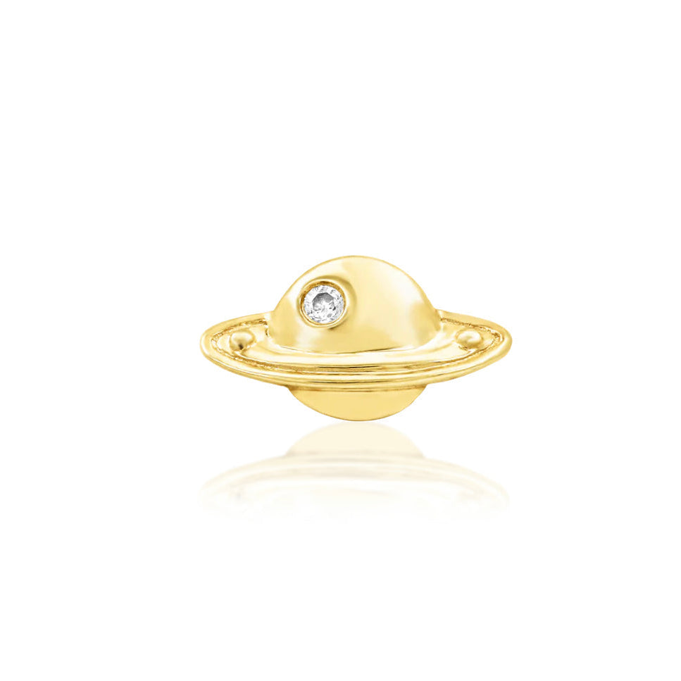 Yellow gold cartilage jewellery shaped like Saturn with sculpted rings and cubic zirconia
