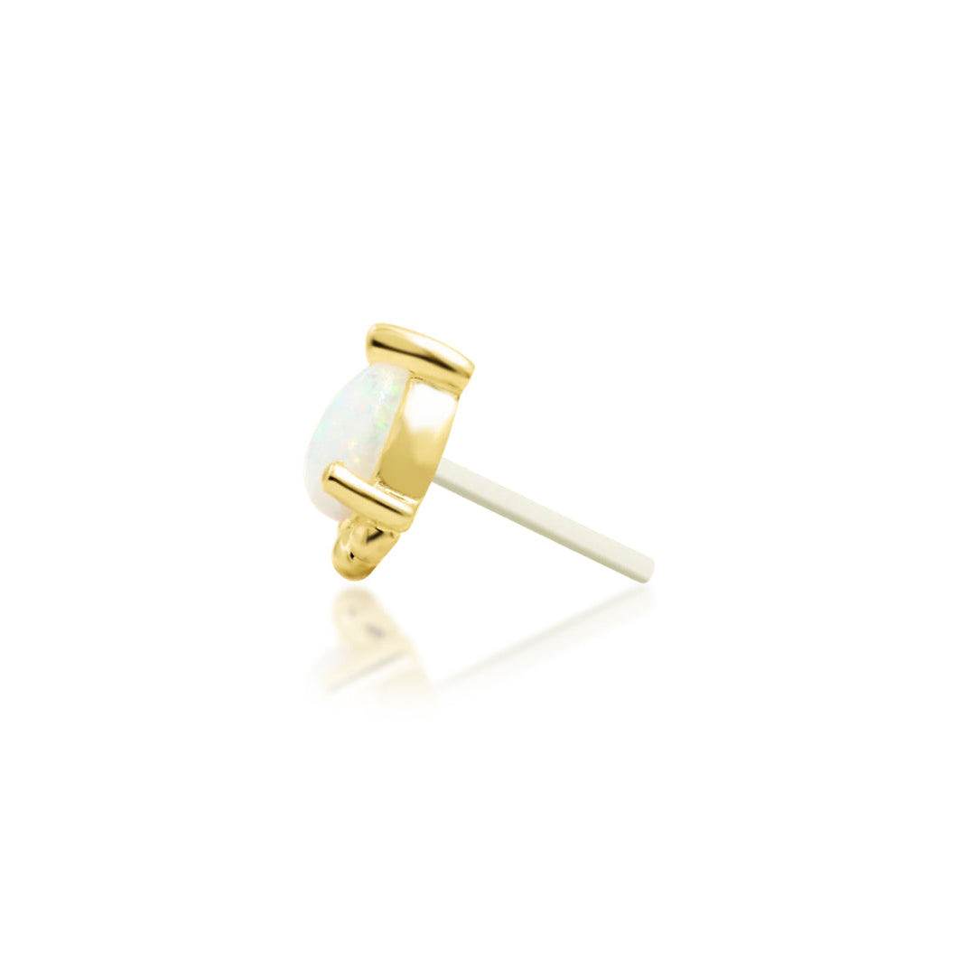 Yellow gold cartilage stud featuring a petite pear-shaped opal and beaded frame