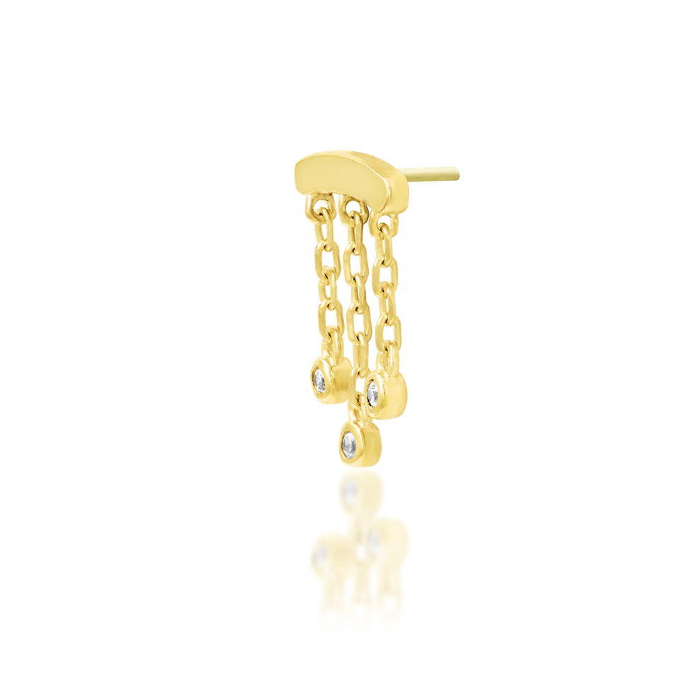Gold chain dangle earring in solid yellow gold with three articulated cubic zirconia gemstones.
