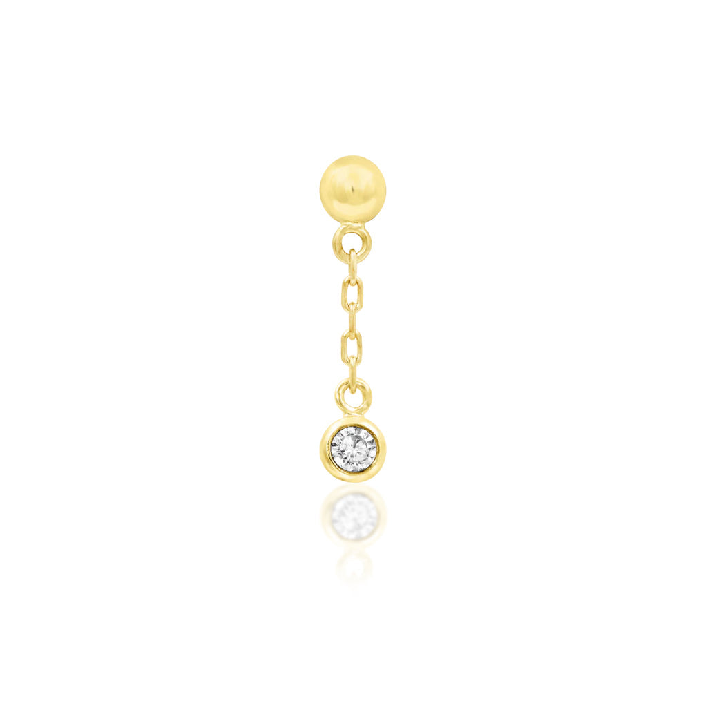 Gold chain drop earring in solid yellow gold with a sparkling 2mm cubic zirconia suspended below.
