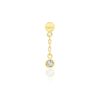 Gold chain drop earring in solid yellow gold with a sparkling 2mm cubic zirconia suspended below.