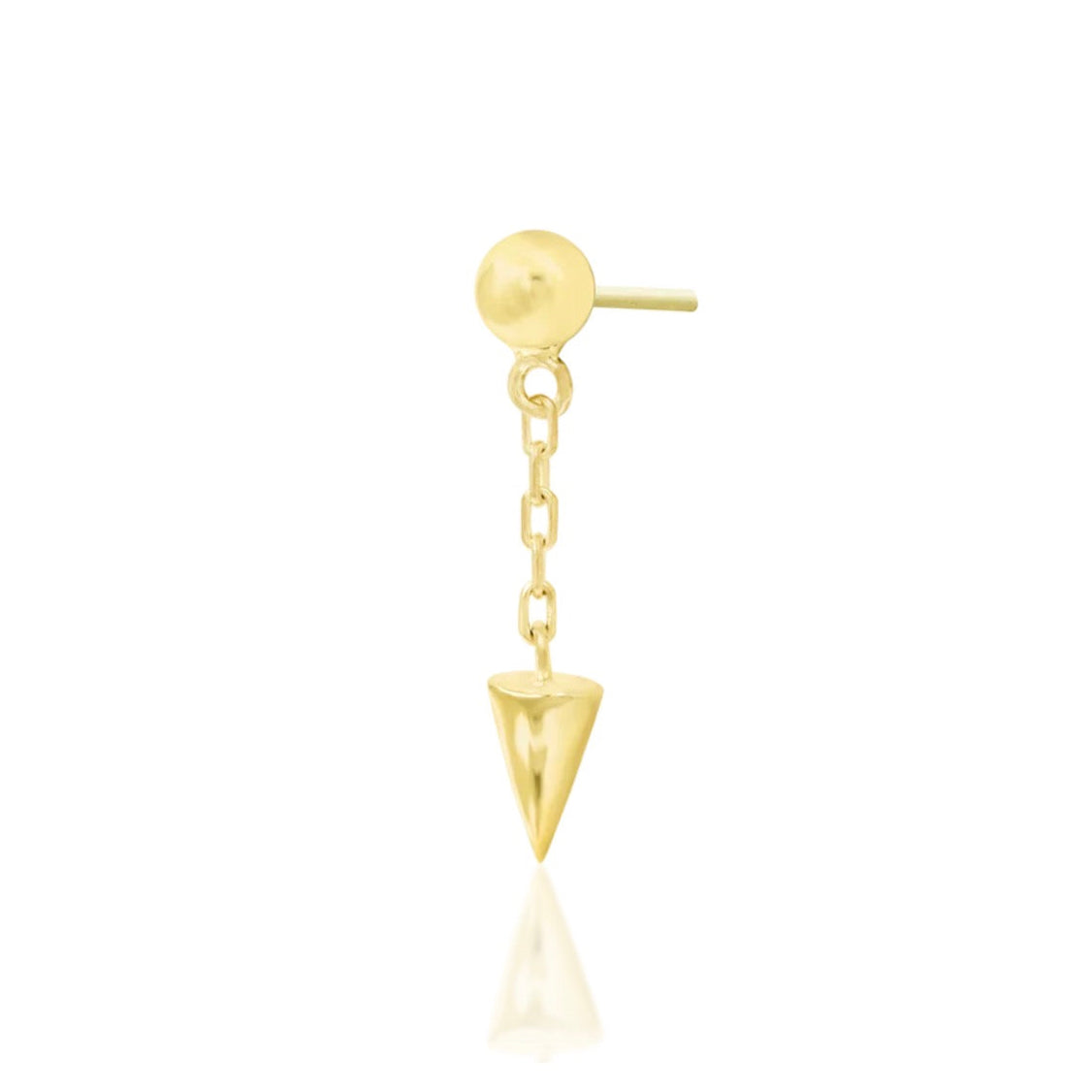 Gold chain drop earring in solid yellow gold with a minimalist ball end and dangling spike charm.