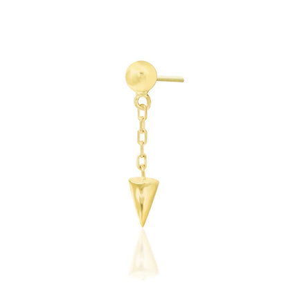 Gold chain drop earring in solid yellow gold with a minimalist ball end and dangling spike charm.