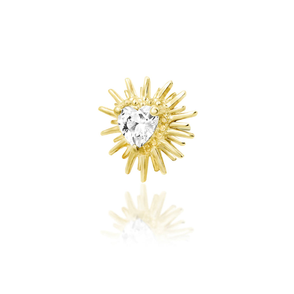 Yellow gold conch earring with a 3mm heart CZ surrounded by sculpted spikes
