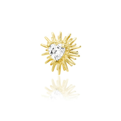 Yellow gold conch earring with a 3mm heart CZ surrounded by sculpted spikes