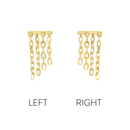 Gold dangle cartilage earring in yellow gold with multiple fine chains creating a soft waterfall effect.