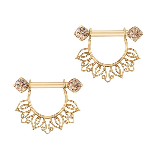 BVLA Azalea Stirrup gold nipple jewellery with intricate botanical filigree beneath a barbell