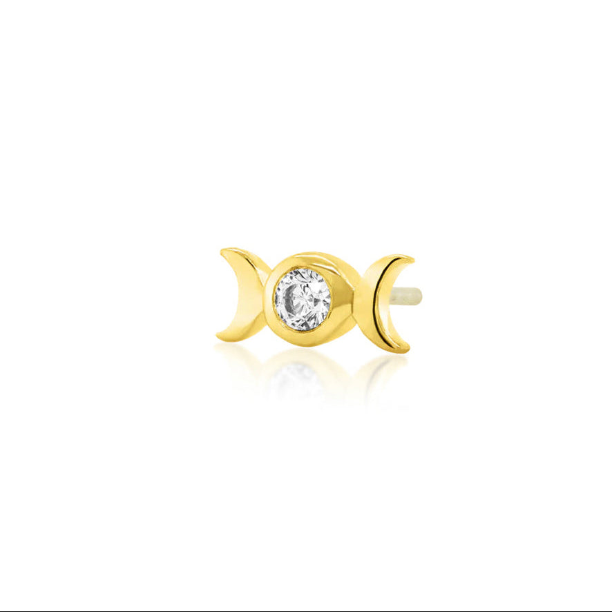 Yellow gold flat-back earring end with twin crescent moons and cubic zirconia