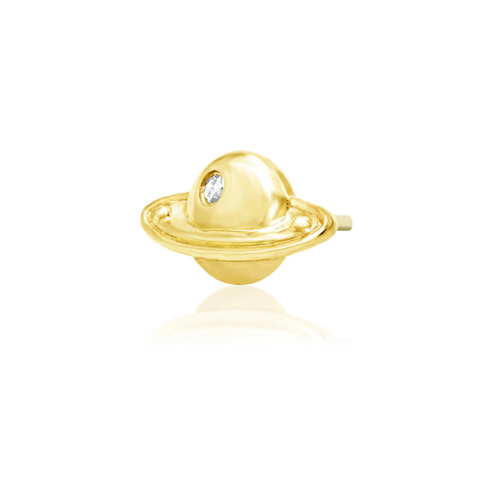 Junipurr Saturn gold flat back earring in solid 14k yellow gold with a 1mm CZ