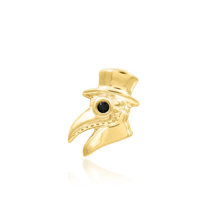 Yellow gold cartilage jewellery shaped like a plague doctor mask with a black gemsto
