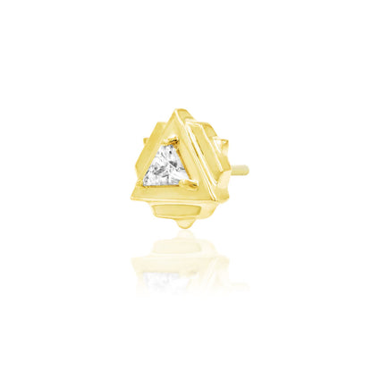 Gold flat back earring with a 2mm triangular cubic zirconia and geometric frame