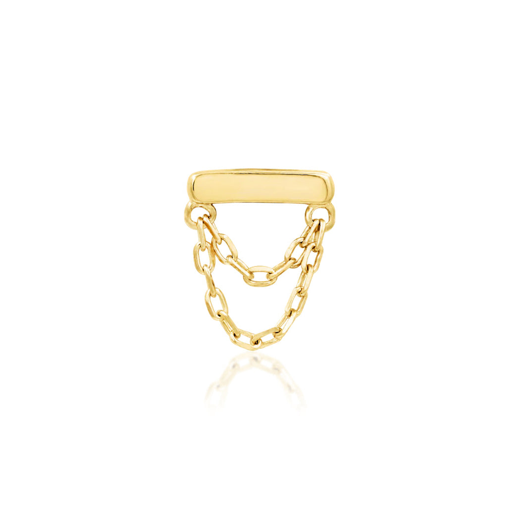Gold helix chain earring in solid yellow gold with a compact bar and two fine moving chains.
