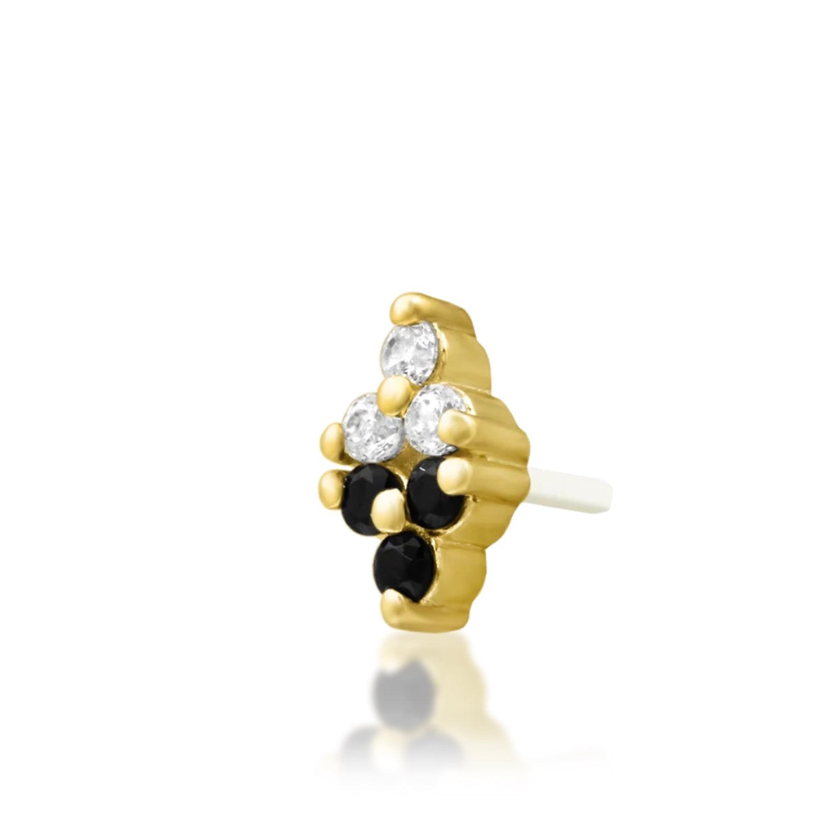     Yellow gold helix earring featuring contrasting black and white CZ clusters