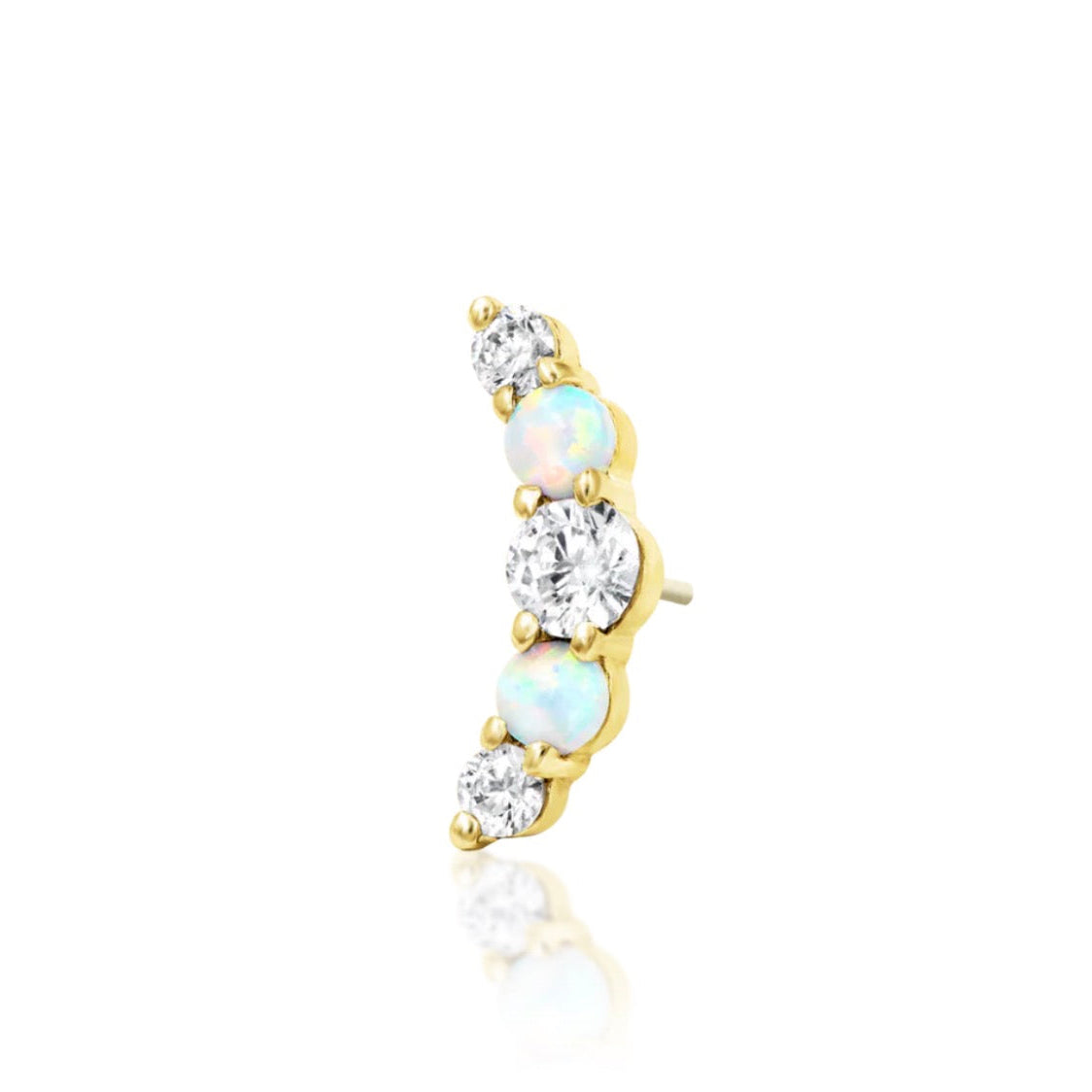 Yellow gold helix earring featuring a curved cluster of white synthetic opals and shimmering CZ stones